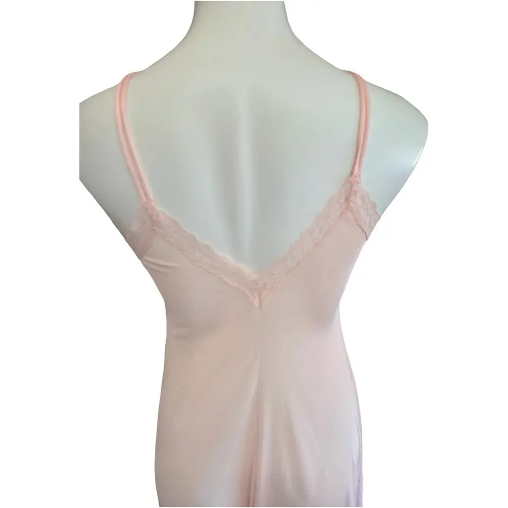 Val Mode Vintage 1970s Blush Pink Nylon Nightgown Diagonal Lace Panel Small